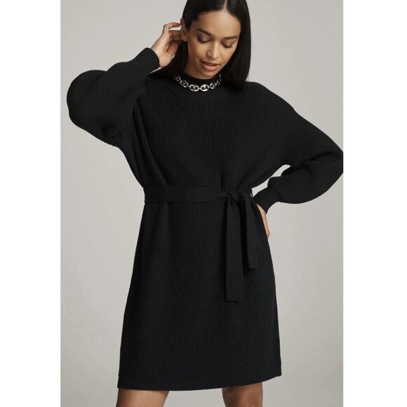 Anthropologie Maeve Long-Sleeve Mock-Neck Tie-Waist Mini Dress Black M - Picture 4 of 13